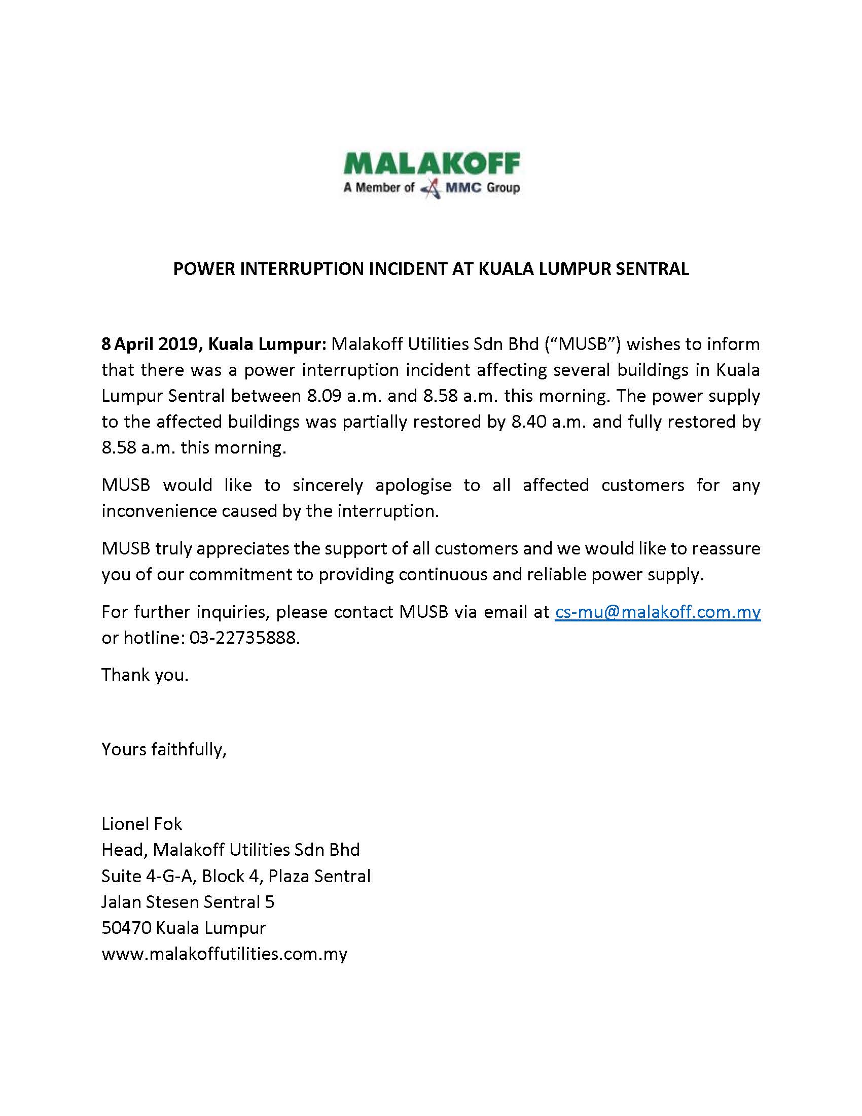 Power Interruption Incident at Kuala Lumpur Sentral